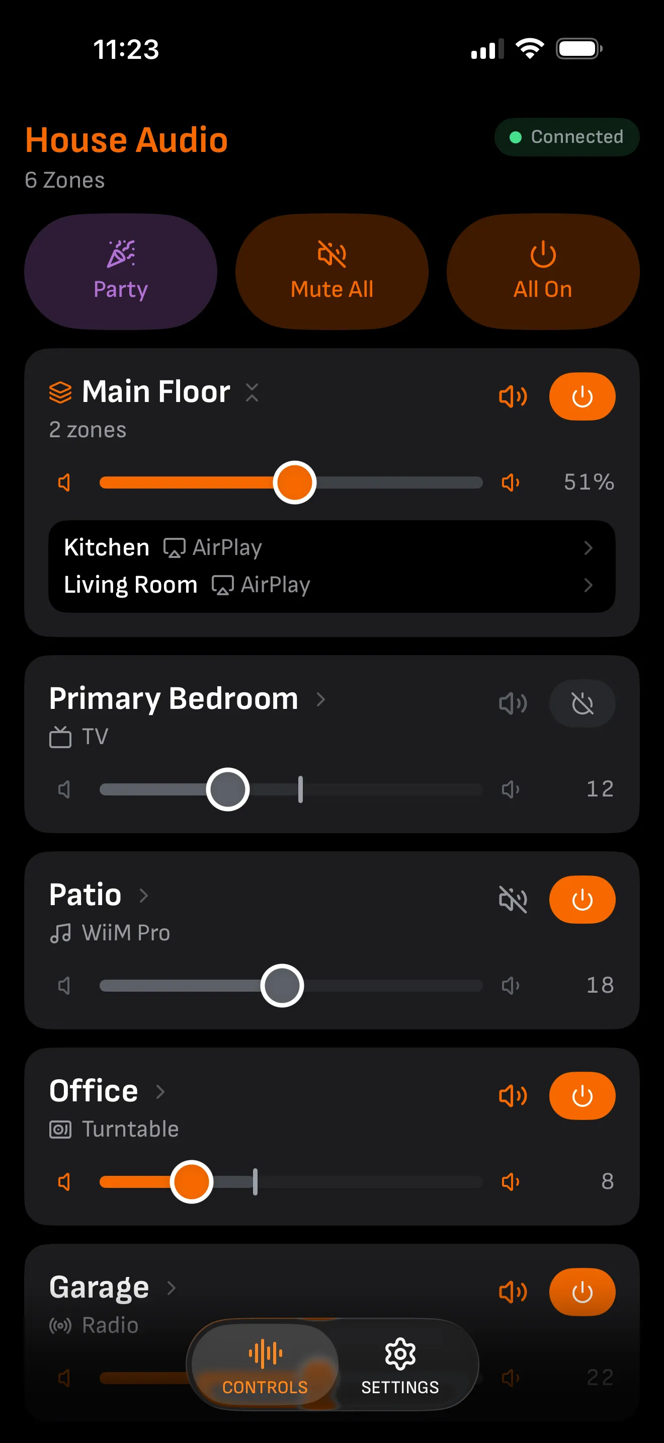 The Electrofonic Controls screen, showing every zone in the house on one screen with its volume and current source, and a Main Floor group whose two zones share a single fader.