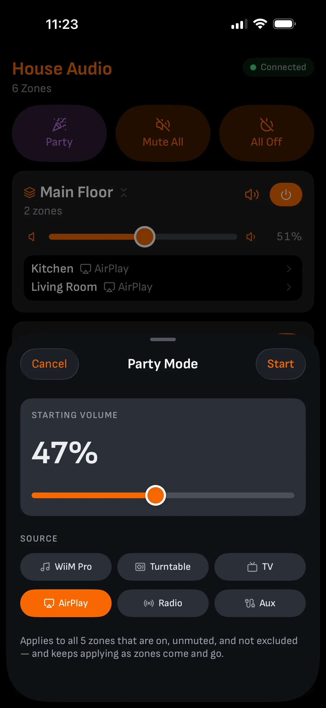 The party mode sheet, headed "Party Mode" between Cancel and Start: a starting volume of 60 percent with its fader, and beneath it a grid of six sources with AirPlay selected.