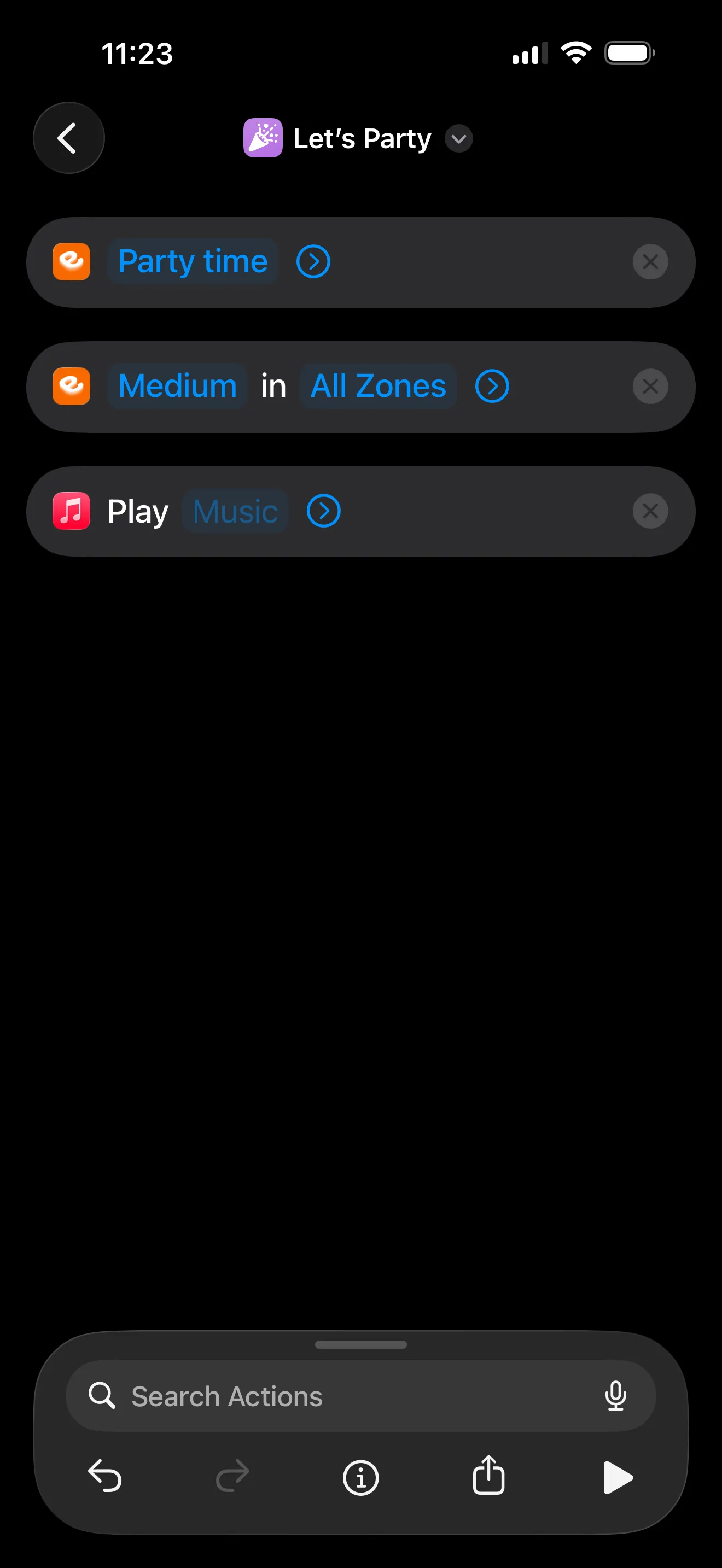 A shortcut named Let's Party in the Shortcuts app, under a purple party-popper icon: an Electrofonic "Party time" action, then "Medium in All Zones", then Apple's Play Music.